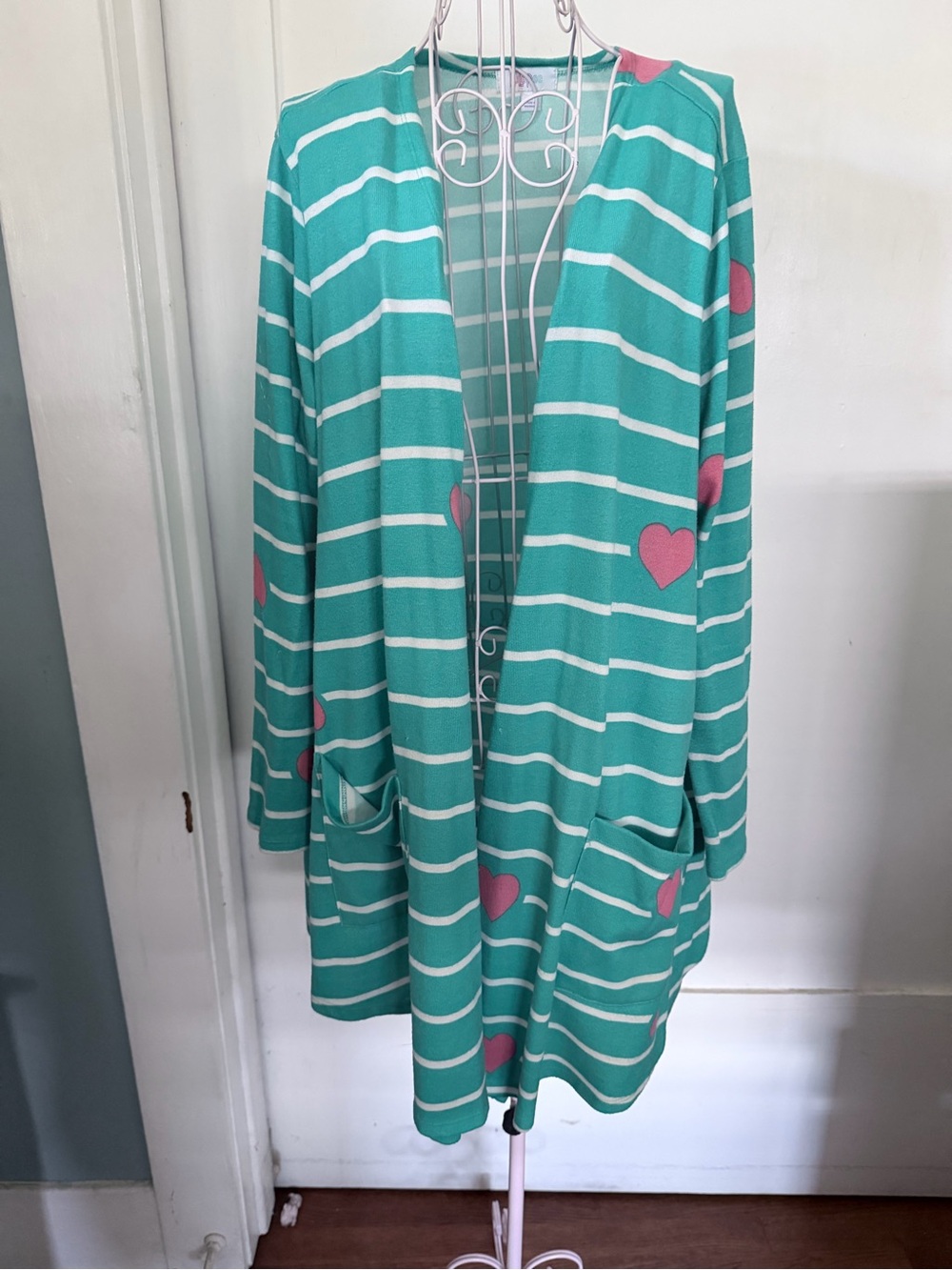 Striped Teal Open Cardigan with Pink Hearts